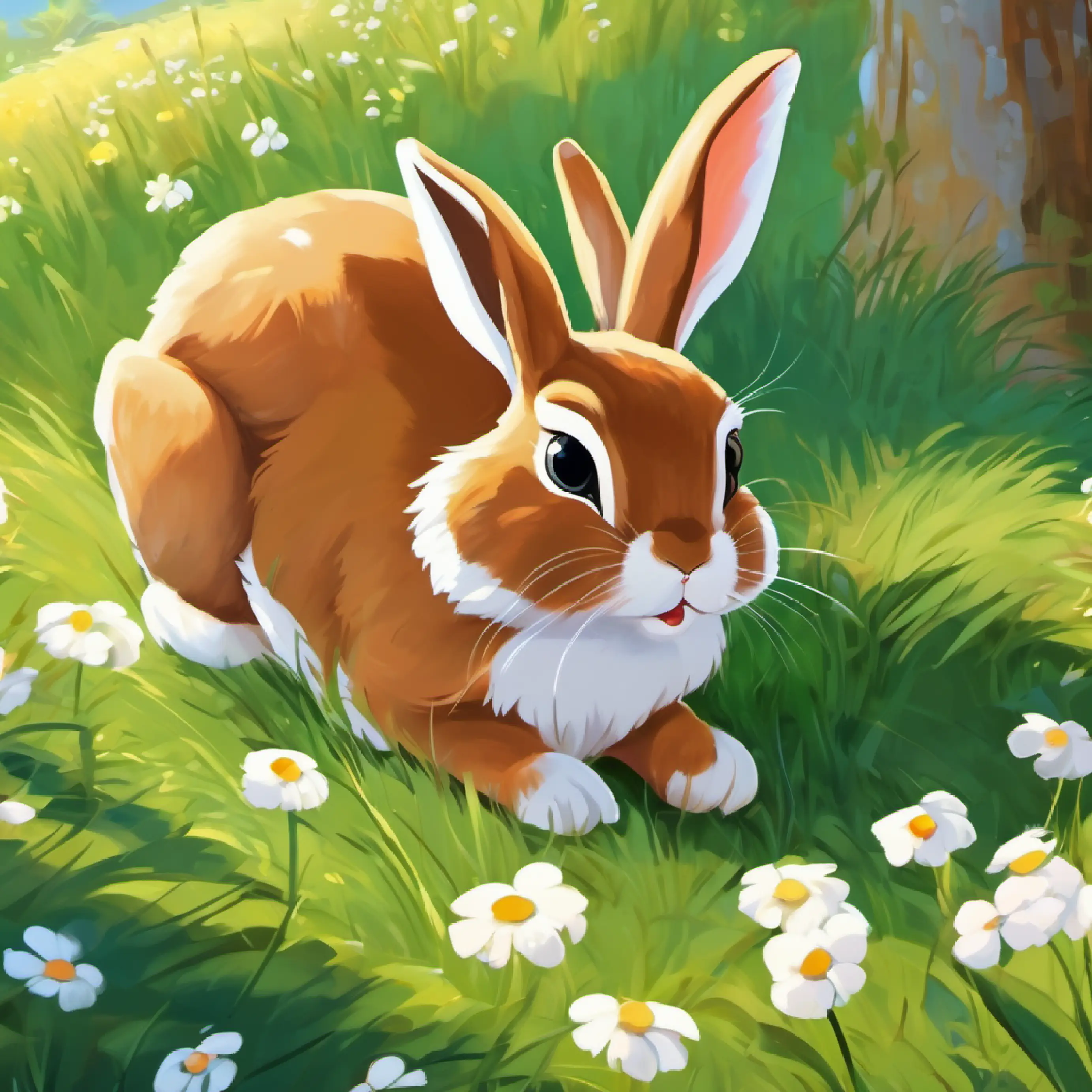 Introduces A brown rabbit  sad with white paws trying to relaz in the nature in a sunny day in spring