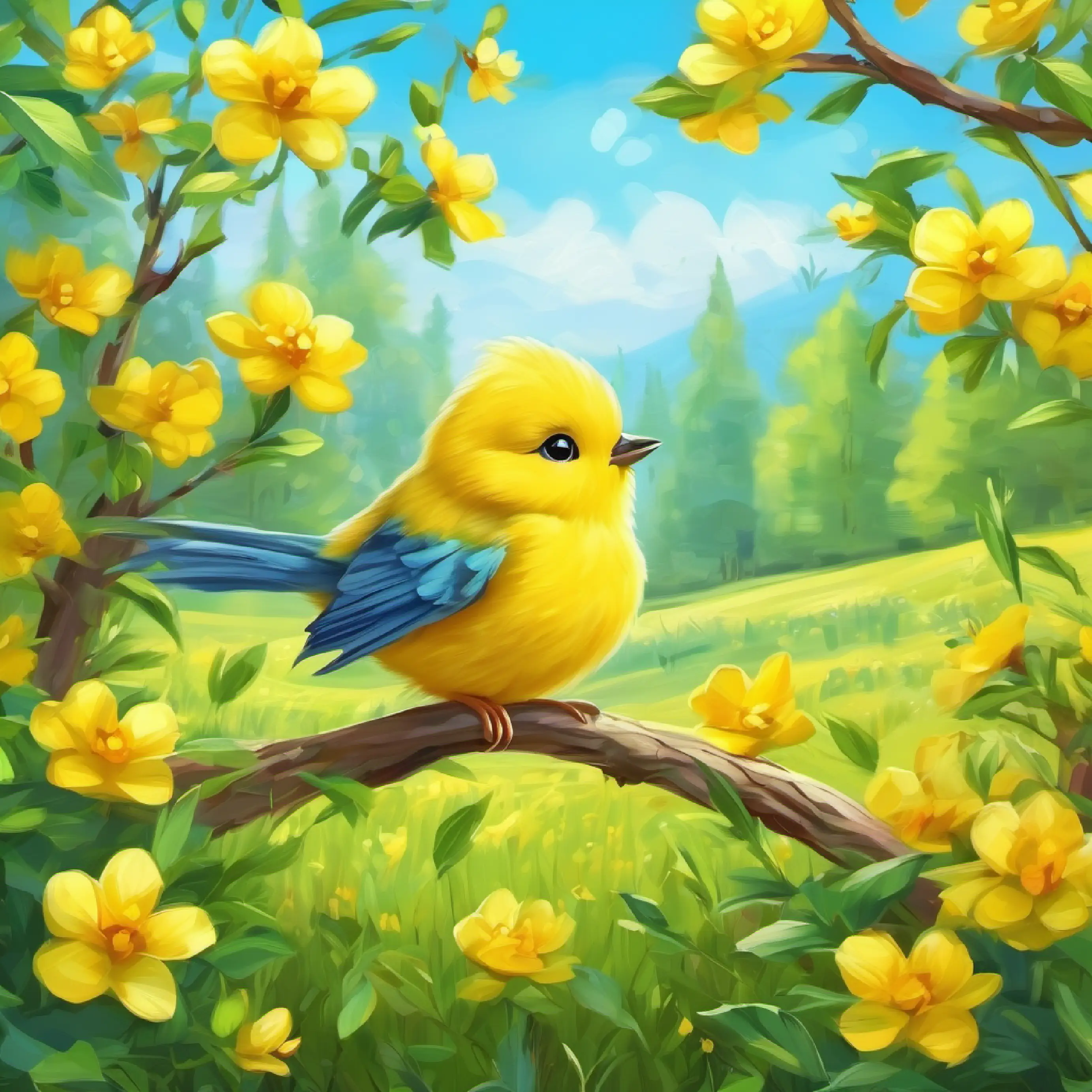 Tweetie yellow bird in the meadow on a tree in spring