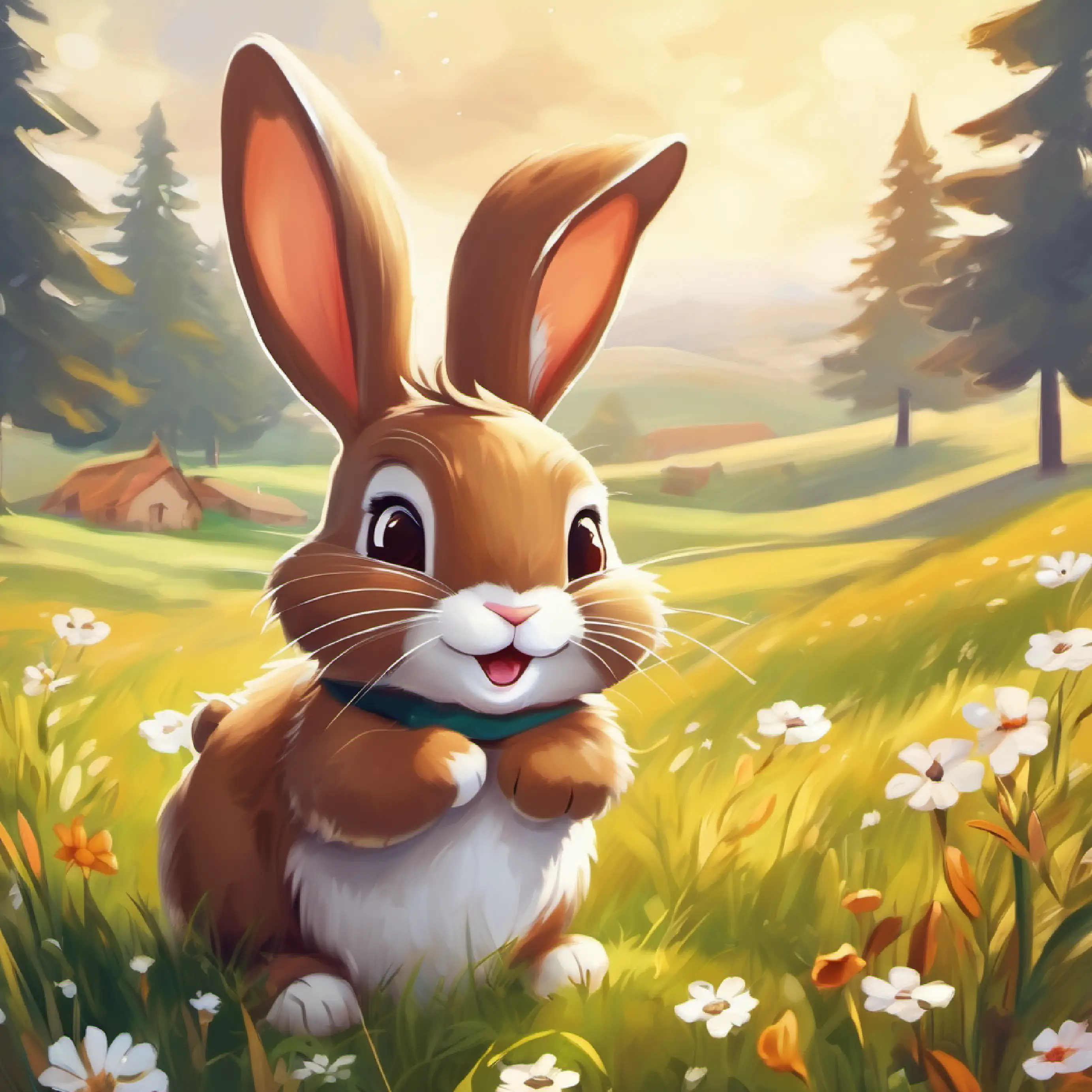 Introduces A brown and so happy rabbit with white paws in a meadow