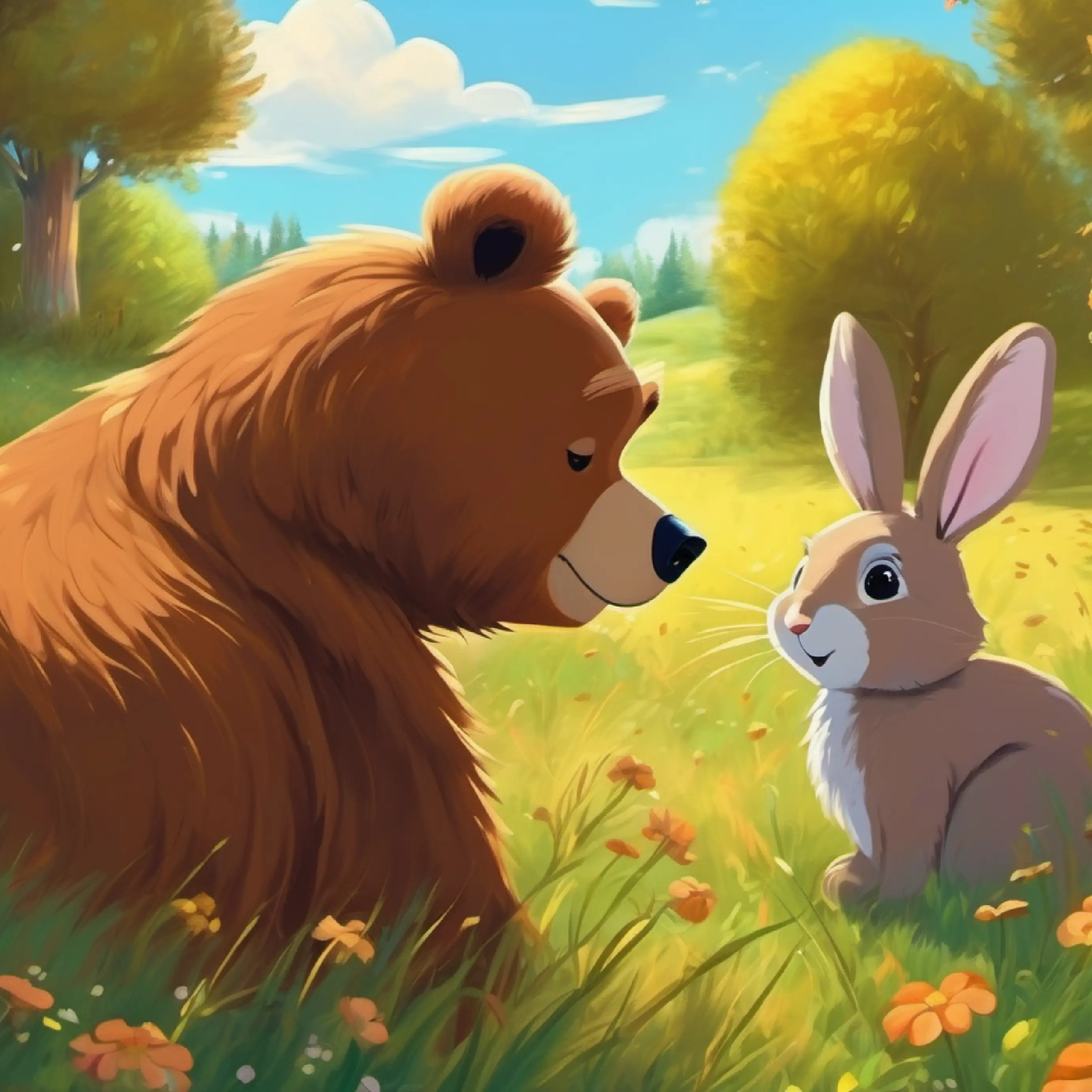 Introduces A brown bear closing its eyes talking to a brown rabbit in a meadow 