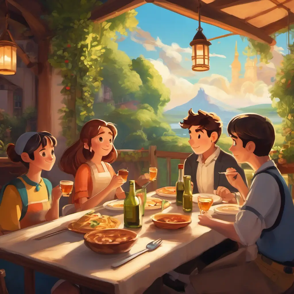 The characters share their adventures while dining.