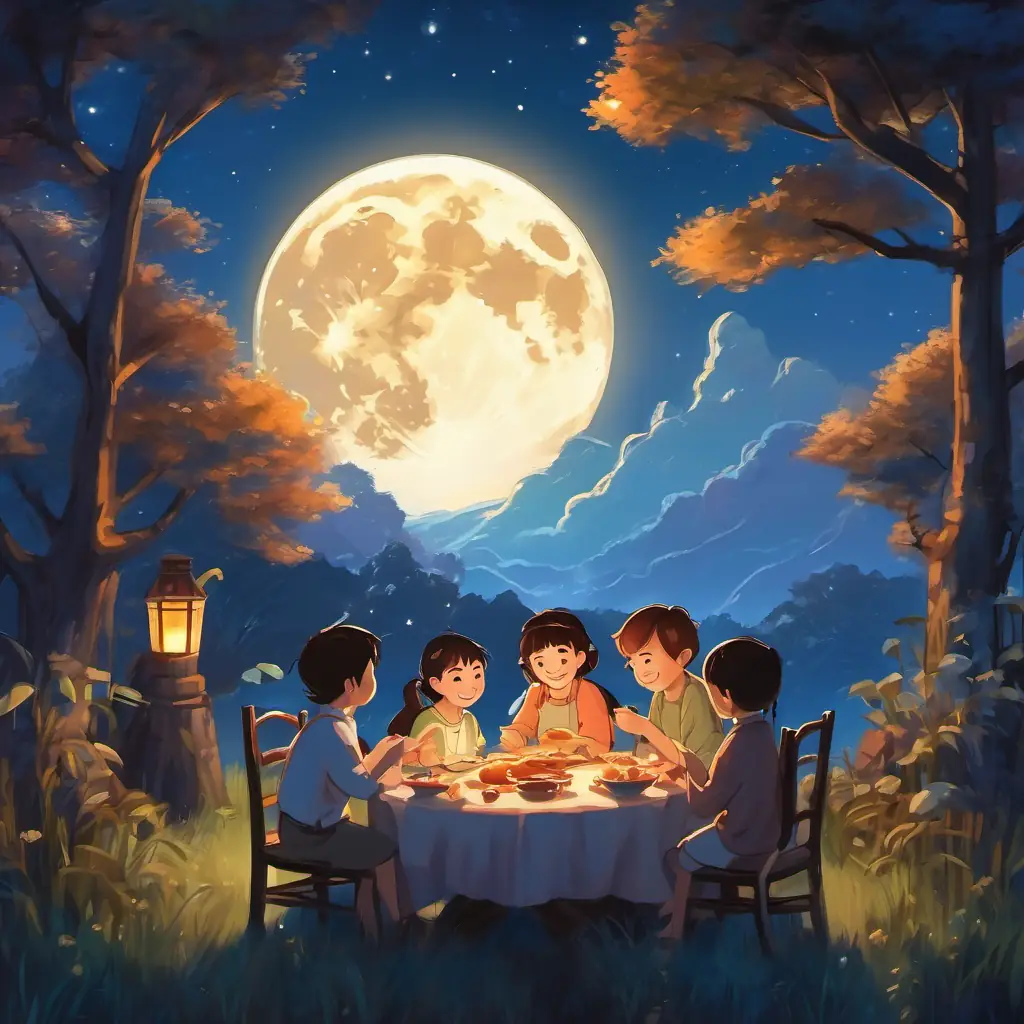 They continue their feast and bonding under the moonlit sky.