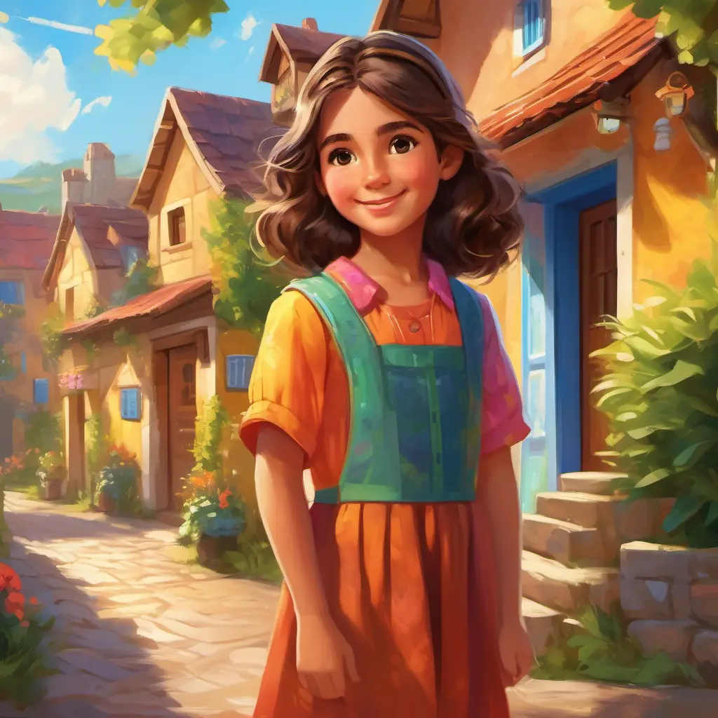 Introducing Young girl with sparkling brown eyes and sun-kissed skin, always wearing a colorful smock and the village, setting the stage for creativity and fun, with colorful homes and friendly neighbors.