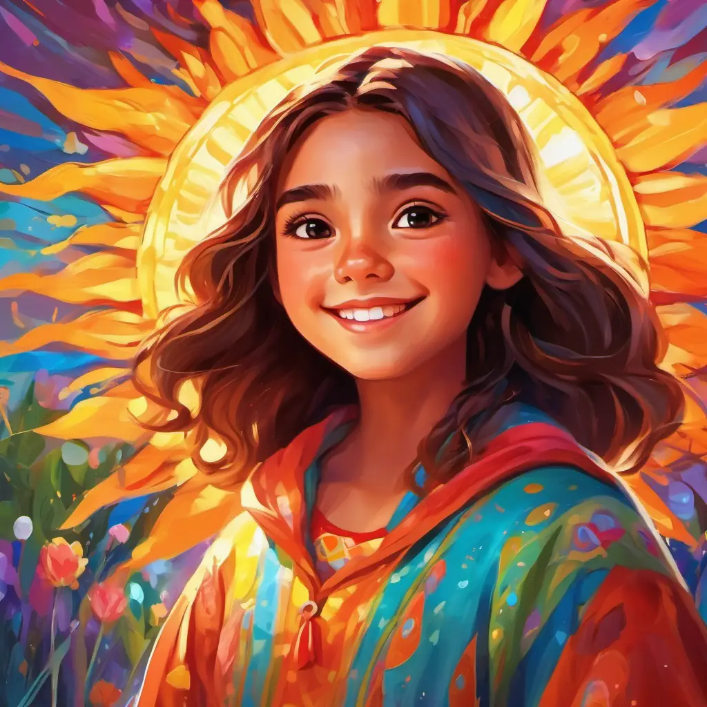 Young girl with sparkling brown eyes and sun-kissed skin, always wearing a colorful smock's special ability and her vibrant emotions, introducing the magical painting element, and her colorful world.