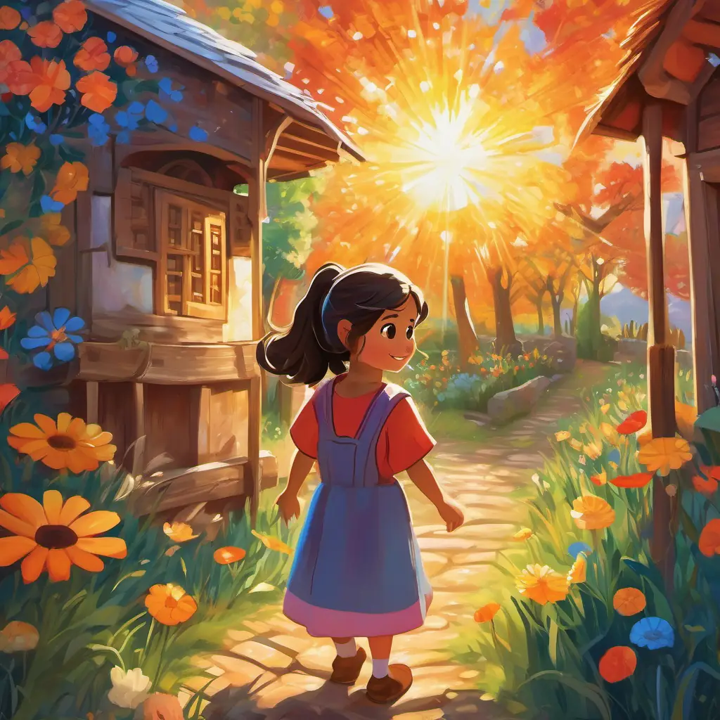 Painting the magical mural, bringing Young girl with sparkling brown eyes and sun-kissed skin, always wearing a colorful smock's colorful emotions to the story, and setting the stage for the mural's magical effect on the villagers.