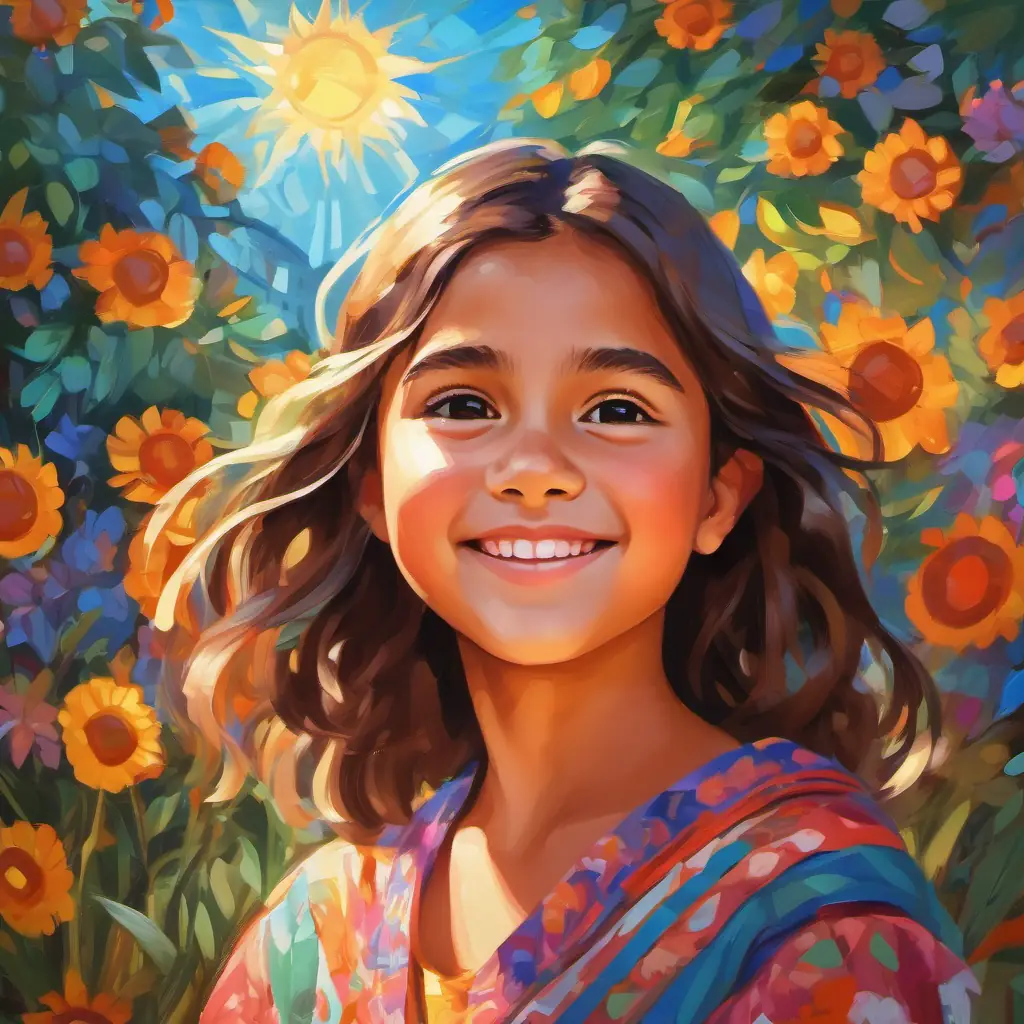 Young girl with sparkling brown eyes and sun-kissed skin, always wearing a colorful smock's ongoing artistic journey, depicting her emotional investment in her art, and the enduring happiness it brings.