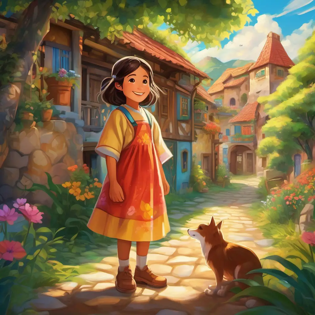 The village's happy ending and the lasting legacy of Young girl with sparkling brown eyes and sun-kissed skin, always wearing a colorful smock's magical murals, conveying the message of joy and creativity.