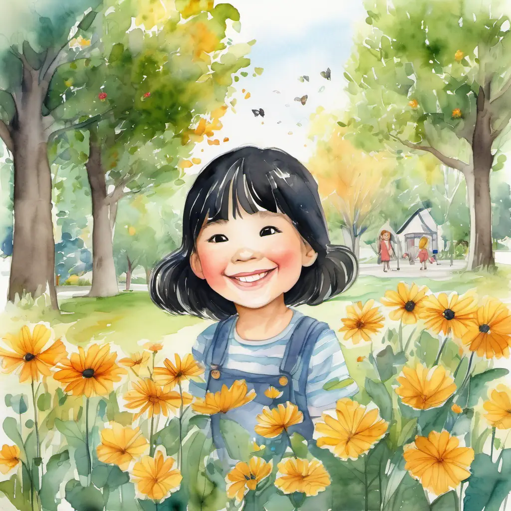 Golden hair, kind-hearted girl with a big smile and Shiny black hair, clever boy with a big heart playing in the park, surrounded by beautiful flowers and tall trees.