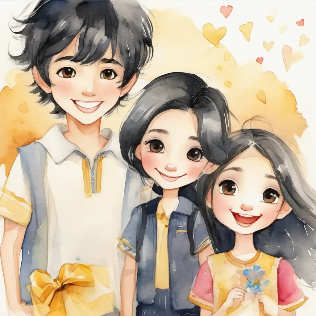 Golden hair, kind-hearted girl with a big smile and Shiny black hair, clever boy with a big heart side by side, Golden hair, kind-hearted girl with a big smile wearing fancy clothes and holding a toy, Shiny black hair, clever boy with a big heart wearing simple clothes but smiling happily.