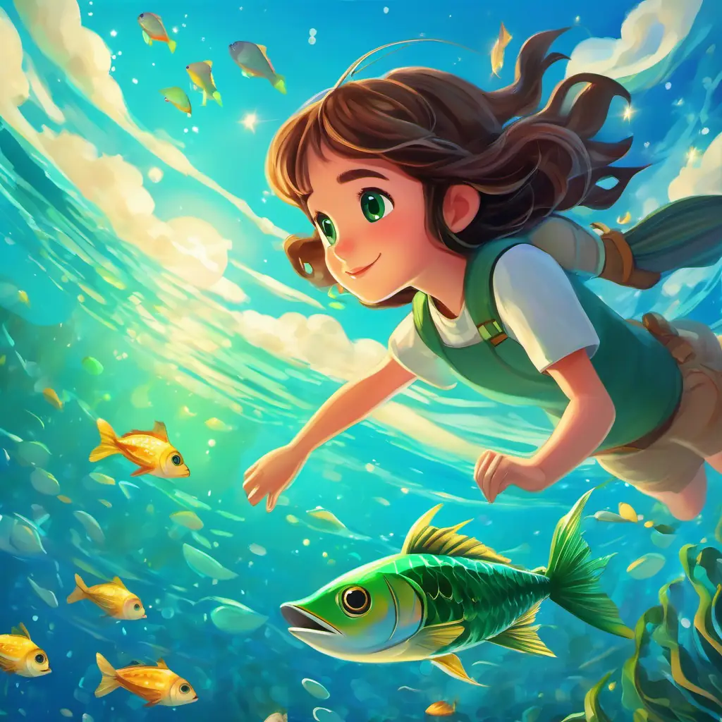 Curious girl with brown hair, sparkling green eyes meets Bright blue flying fish with shimmering scales, the flying fish, and they start their adventure in the upside-down sky.