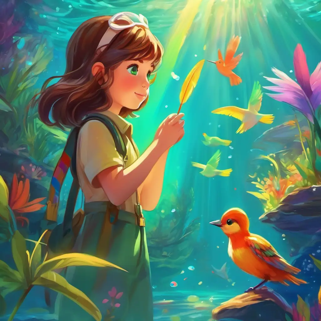 Curious girl with brown hair, sparkling green eyes meets Colorful swimming bird with rainbow feathers, the swimming bird, and they explore the underwater world.