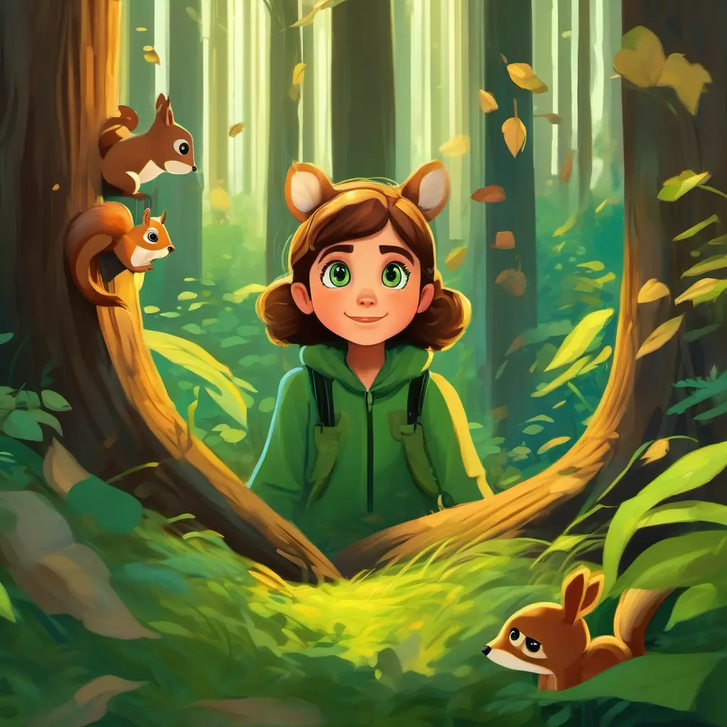 Curious girl with brown hair, sparkling green eyes explores the upside-down forest and meets the quirky upside-down squirrels.