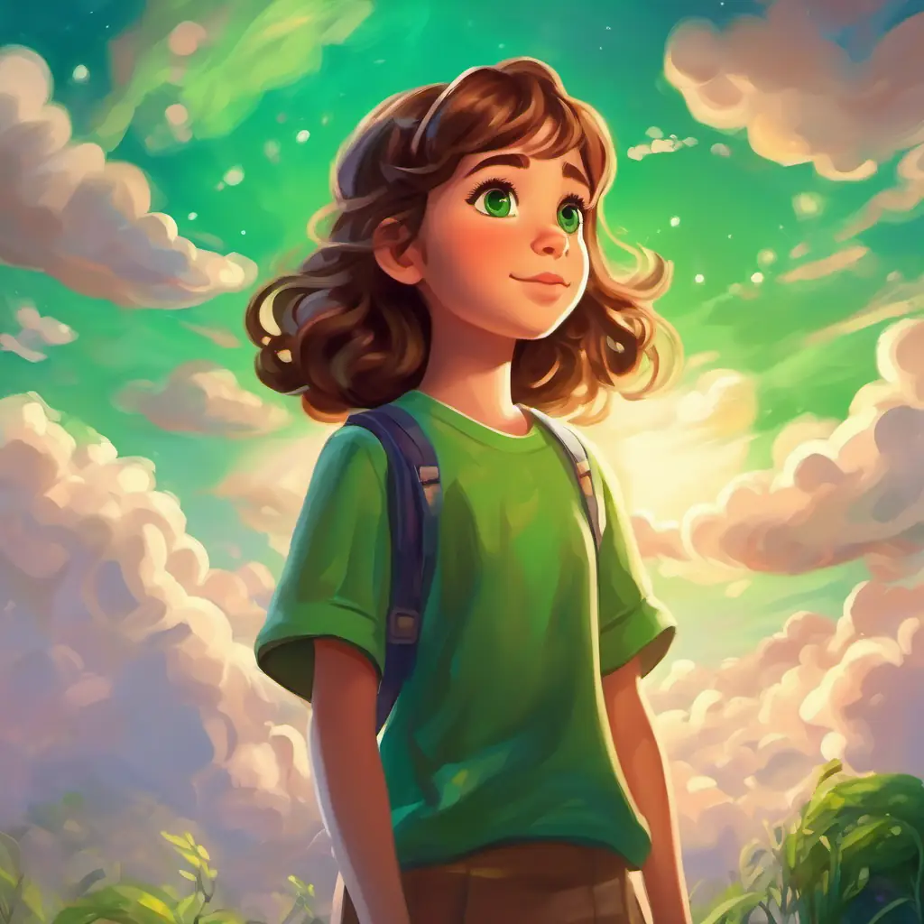 Curious girl with brown hair, sparkling green eyes learns from the Upsies about the hidden wonders beneath the upside-down clouds.