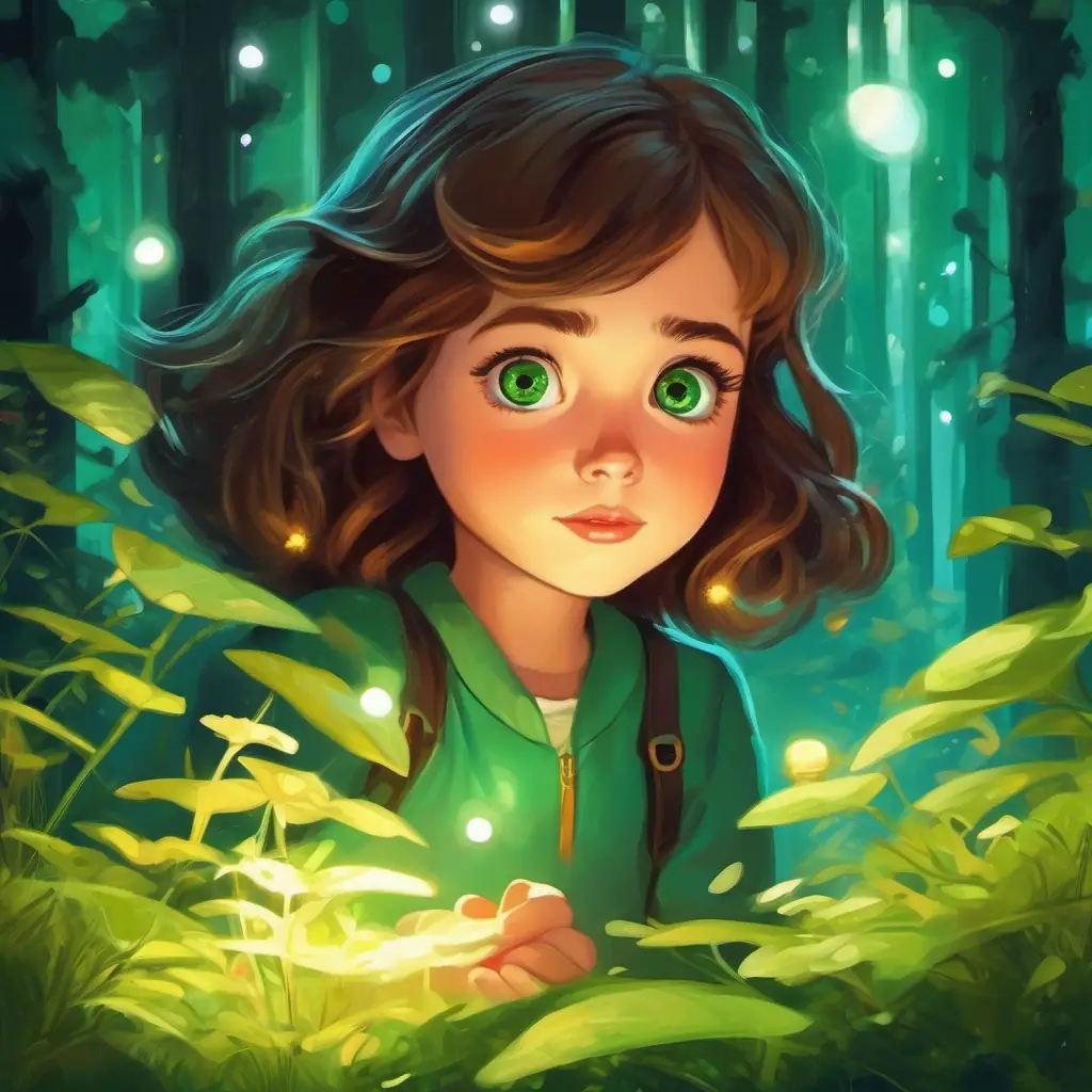 Curious girl with brown hair, sparkling green eyes's realization about the magic of the upside-down world and the power of imagination.