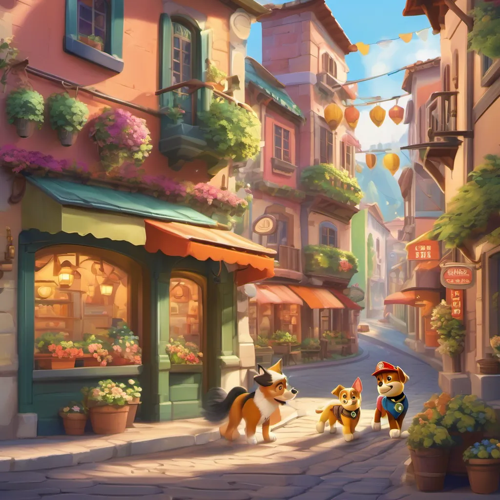 A colorful, bustling small town with happy residents and vibrant buildings, bustling activities, and Paw Patrol pups ready for action.