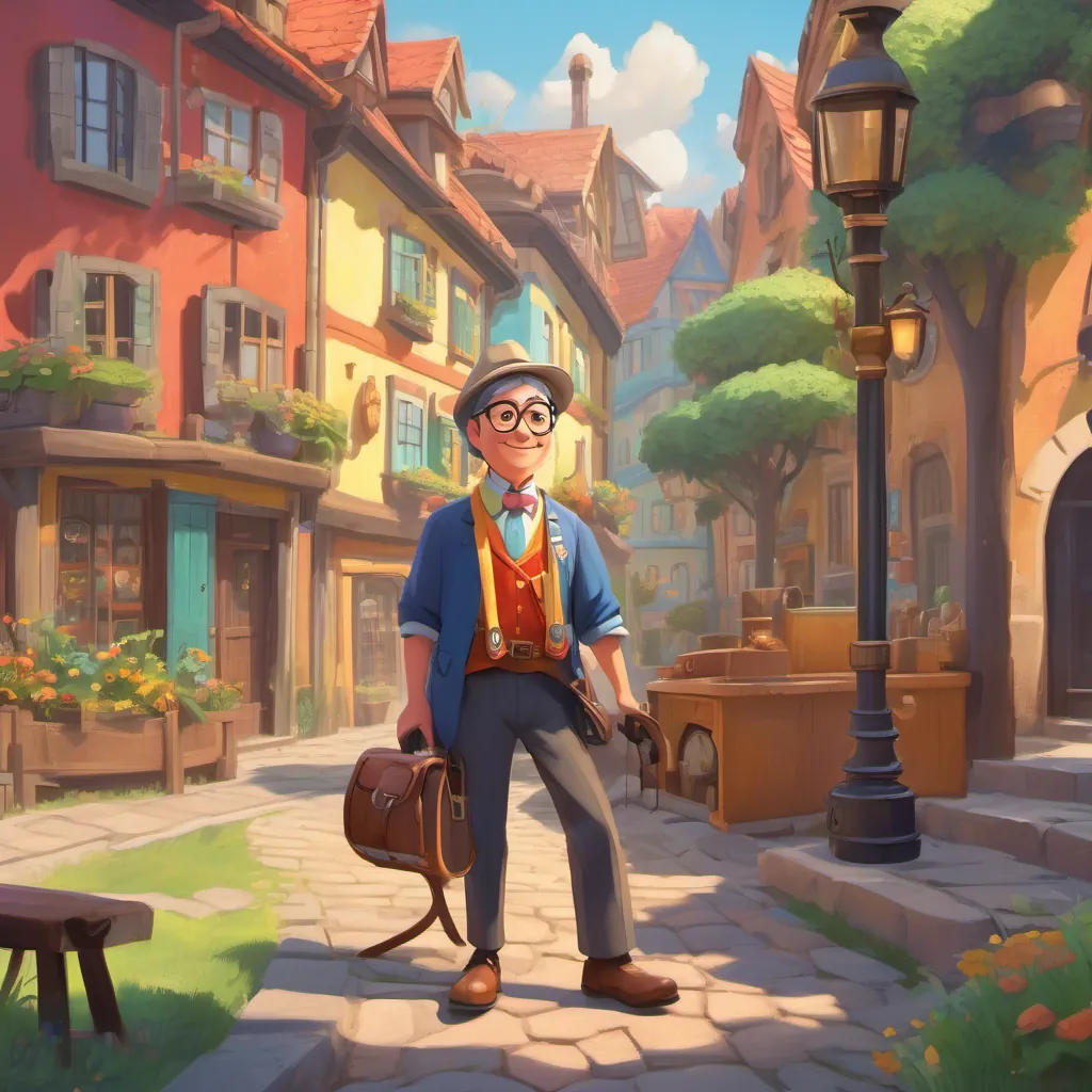 A cheerful and kind Mayor in a colorful town, wearing glasses and a mayoral sash, with a camera in hand with a camera, standing near a carpenter working on a project, and a sense of adventure and impending mishap.
