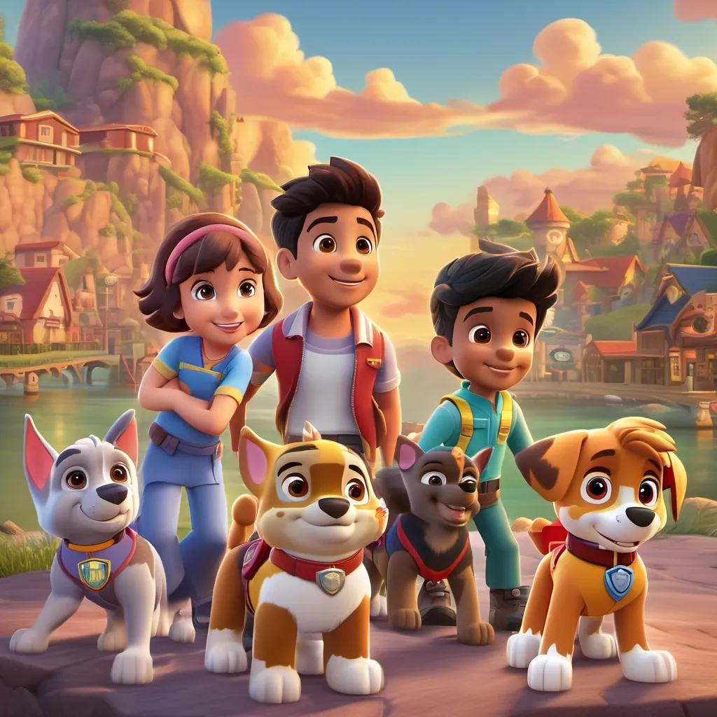 A warm sunset over Adventure Bay with the Paw Patrol team standing proudly, creating a sense of safety and community.