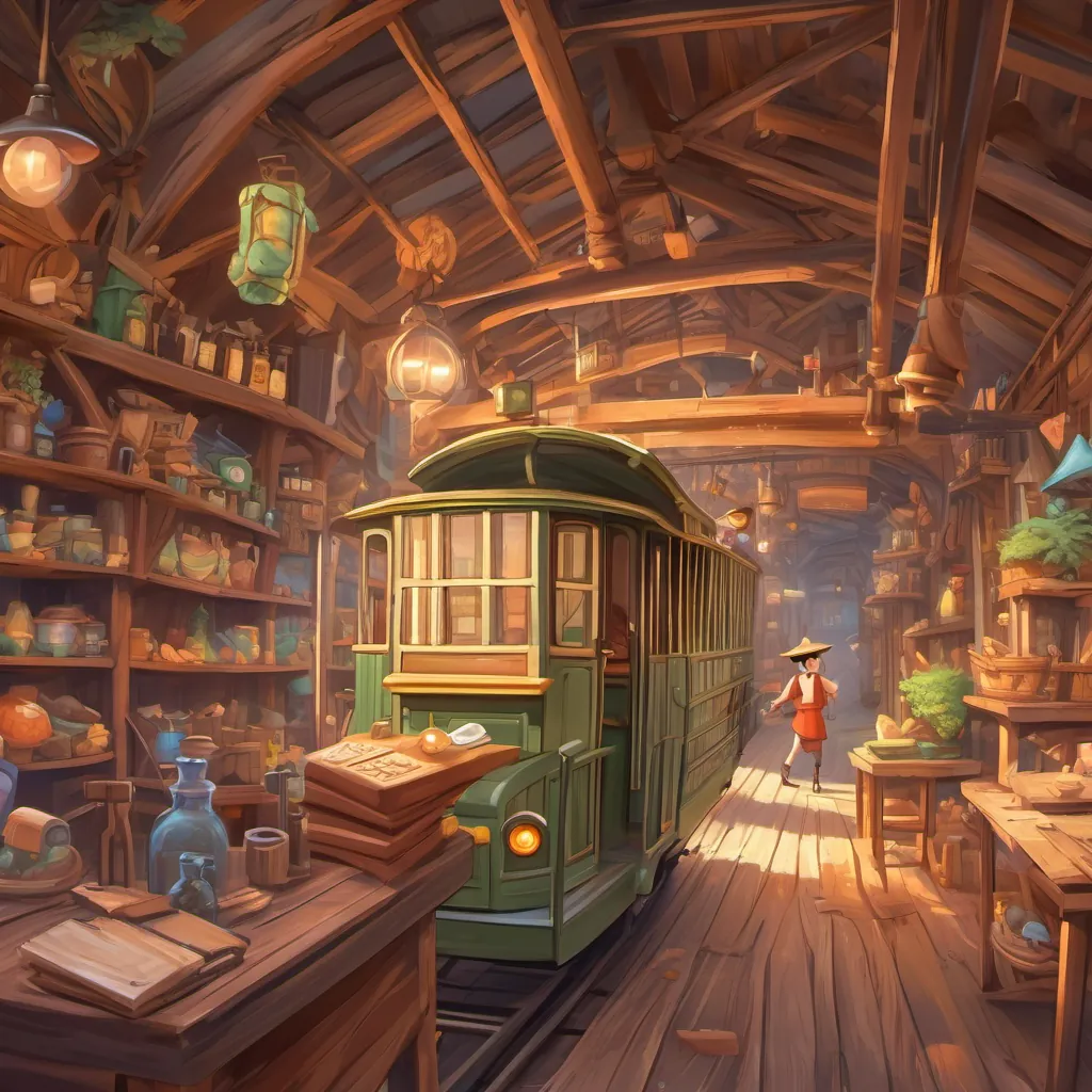 A trolley speeding out of control towards a stand where a carpenter is working, creating a chaotic but whimsical atmosphere.