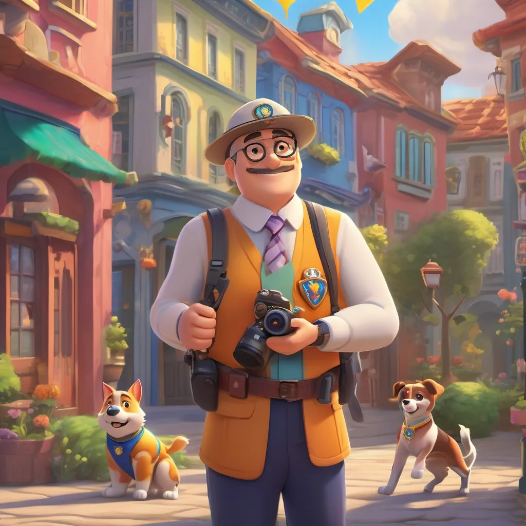 A cheerful and kind Mayor in a colorful town, wearing glasses and a mayoral sash, with a camera in hand on the phone looking worried but hopeful, contacting Paw Patrol for immediate assistance.