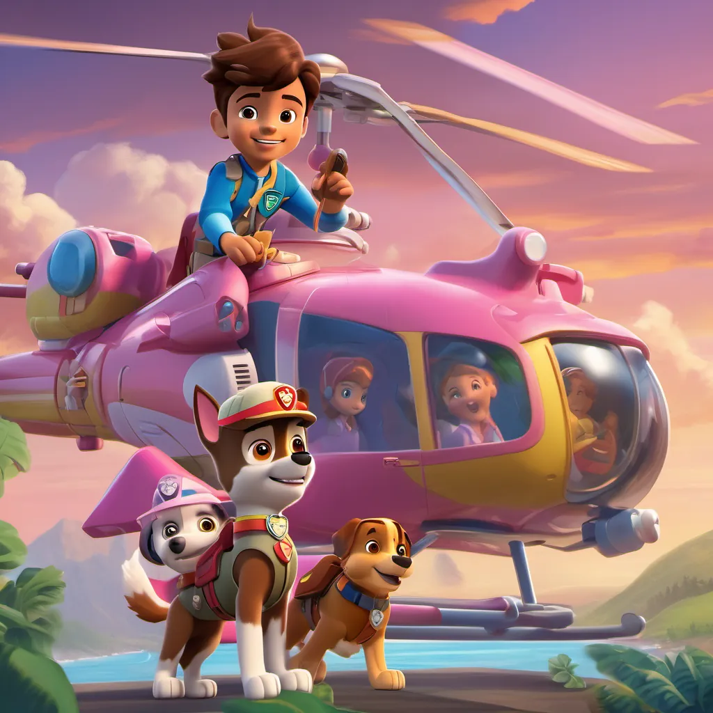 A young, confident leader of Paw Patrol, dressed in a Scout uniform with a headset responding confidently on his gizmo, with A brave and adventurous pup in a pink pilot suit, flying her helicopter with determination and excitement looking excited, ready for action.