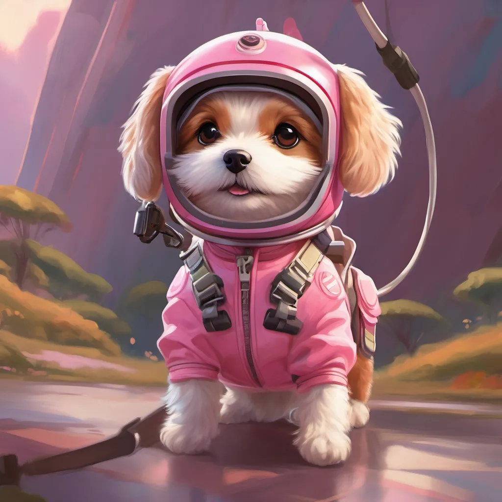 A brave and adventurous pup in a pink pilot suit, flying her helicopter with determination and excitement in her helicopter, a harness lowering towards the ground but causing the stand to wobble in the process.