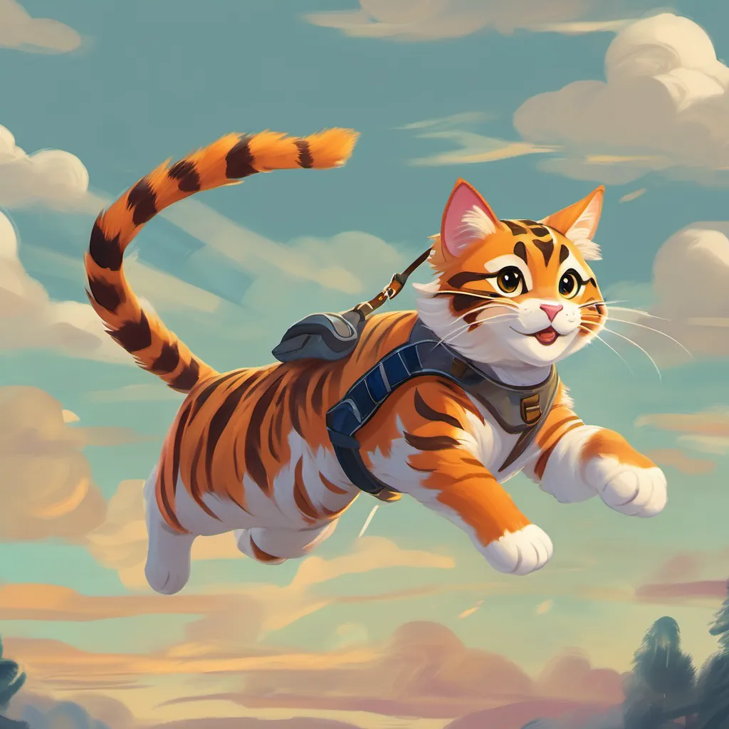 An energetic and bouncy cat, with stripes like a tiger, full of agility and spirit soaring and grabbing the harness in mid-air, then landing softly with a triumphant expression.