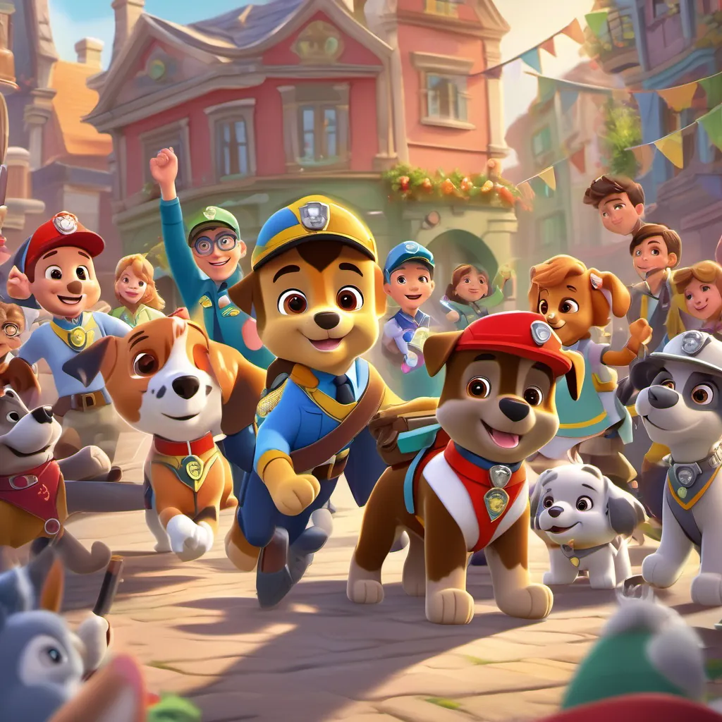 Paw Patrol and residents celebrating, with A cheerful and kind Mayor in a colorful town, wearing glasses and a mayoral sash, with a camera in hand giving thanks and everyone smiling happily.