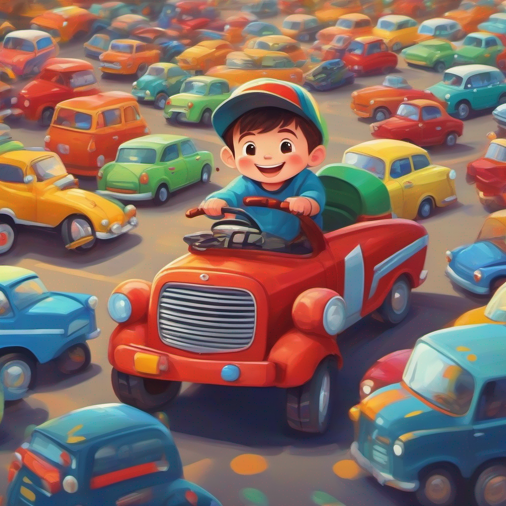 Little boy with a big smile, wearing a cap, surrounded by cars playing with cars, colorful toys, happy boy