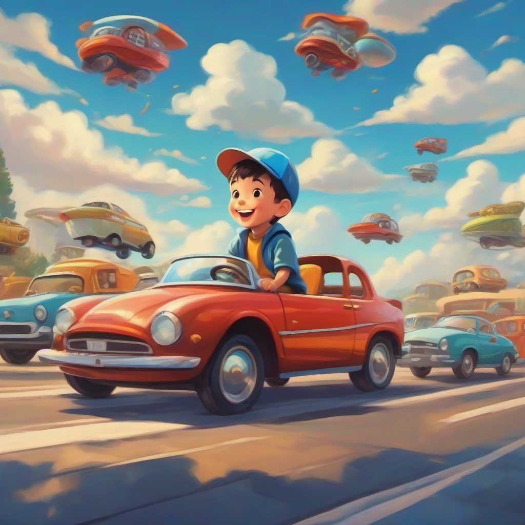 Little boy with a big smile, wearing a cap, surrounded by cars dreaming of flying car, blue sky, clouds