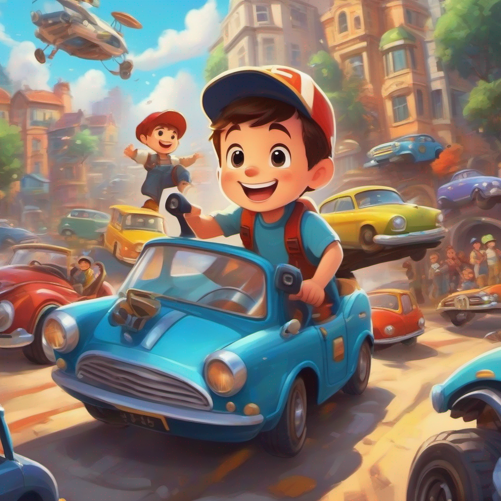 Little boy with a big smile, wearing a cap, surrounded by cars and friends building flying car, tools, excitement