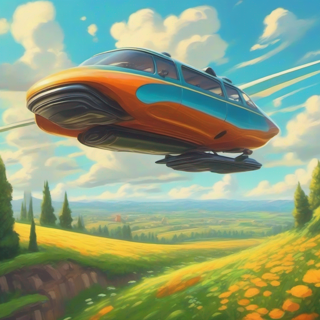 Flying car in the sky, amazed people, sunny day