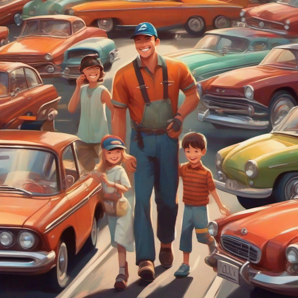 Mom and dad proud of Little boy with a big smile, wearing a cap, surrounded by cars, happy family, famous