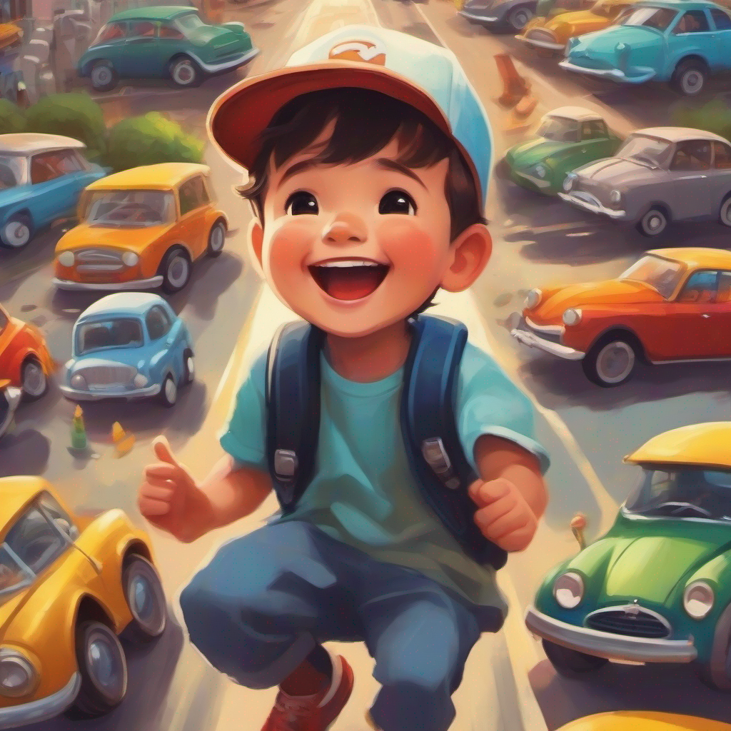 Little boy with a big smile, wearing a cap, surrounded by cars's happy life, success, love and support