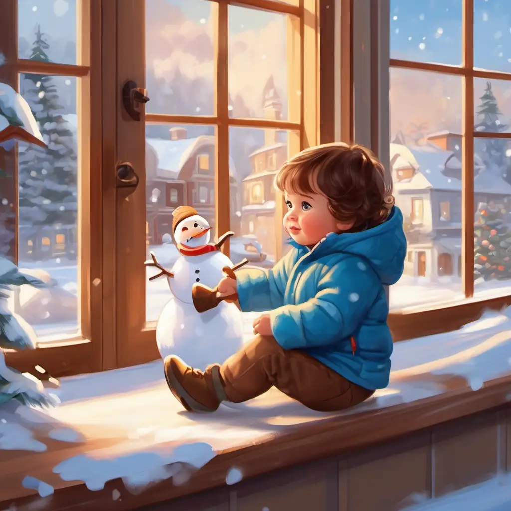 Emil sees children building a snowman through the window.