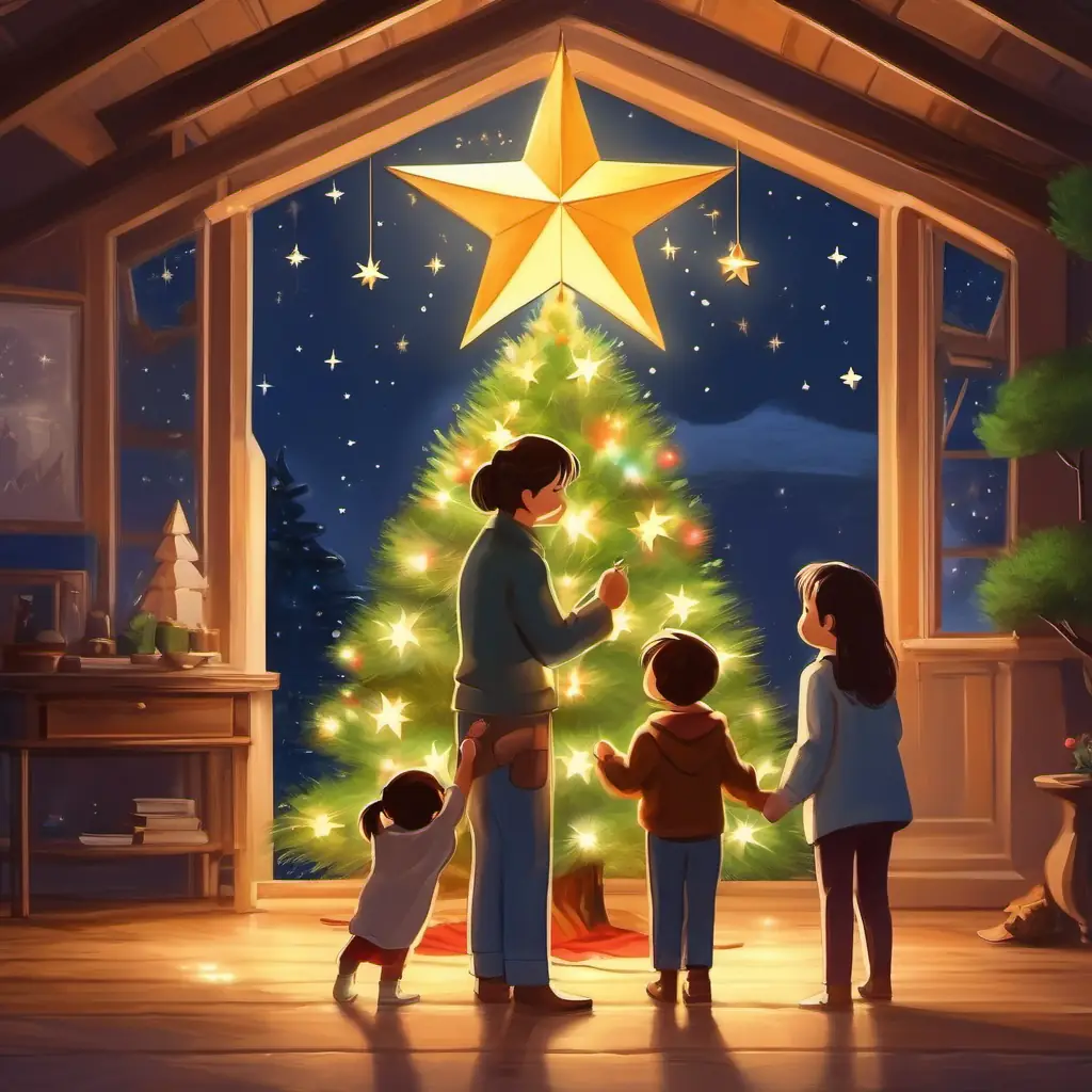 Family moment of putting the star on the tree.