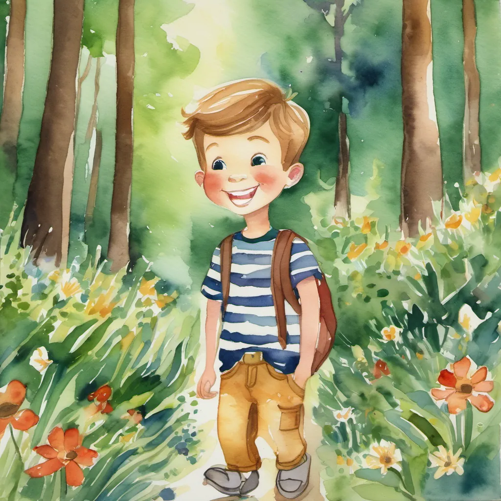 A young boy named A young boy named Tommy with a big smile, wearing a striped shirt and jeans with a big smile walking through a sunlit forest, surrounded by green trees and flowers.