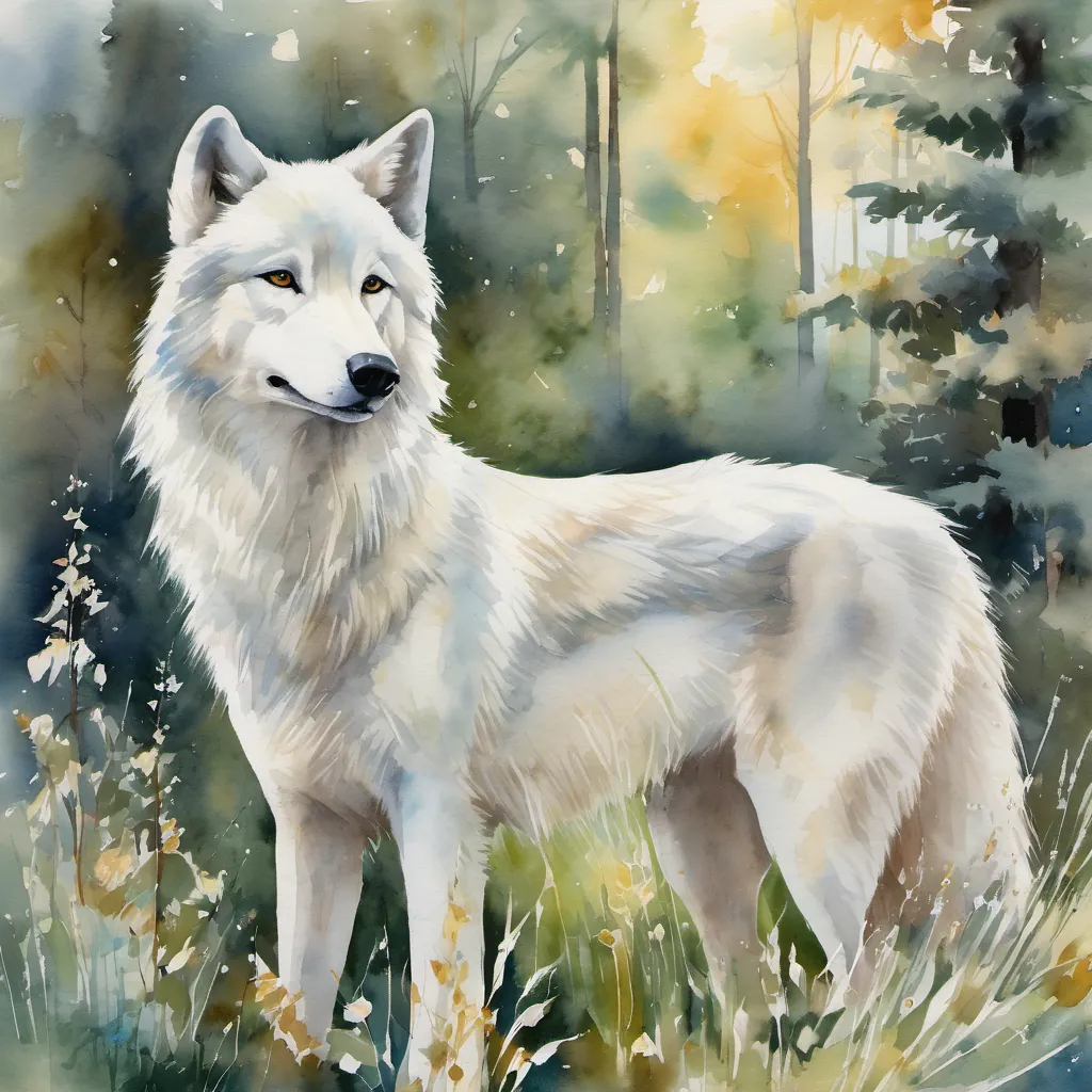 A friendly white wolf named A friendly white wolf with sparkling eyes and a playful demeanor with sparkling eyes and a wagging tail, ready to play.