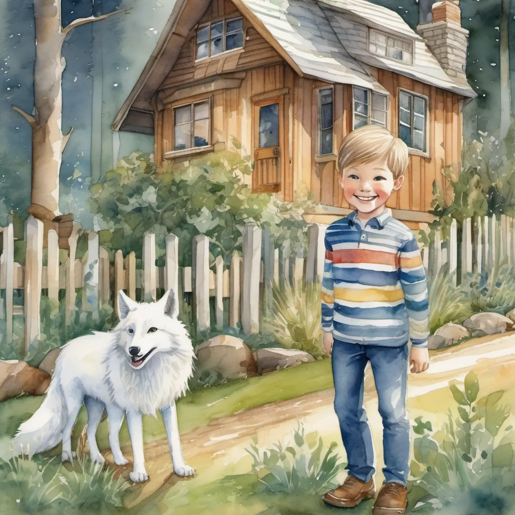 A young boy named Tommy with a big smile, wearing a striped shirt and jeans saying goodnight to A friendly white wolf with sparkling eyes and a playful demeanor at the edge of the forest, with a cozy house in the background.