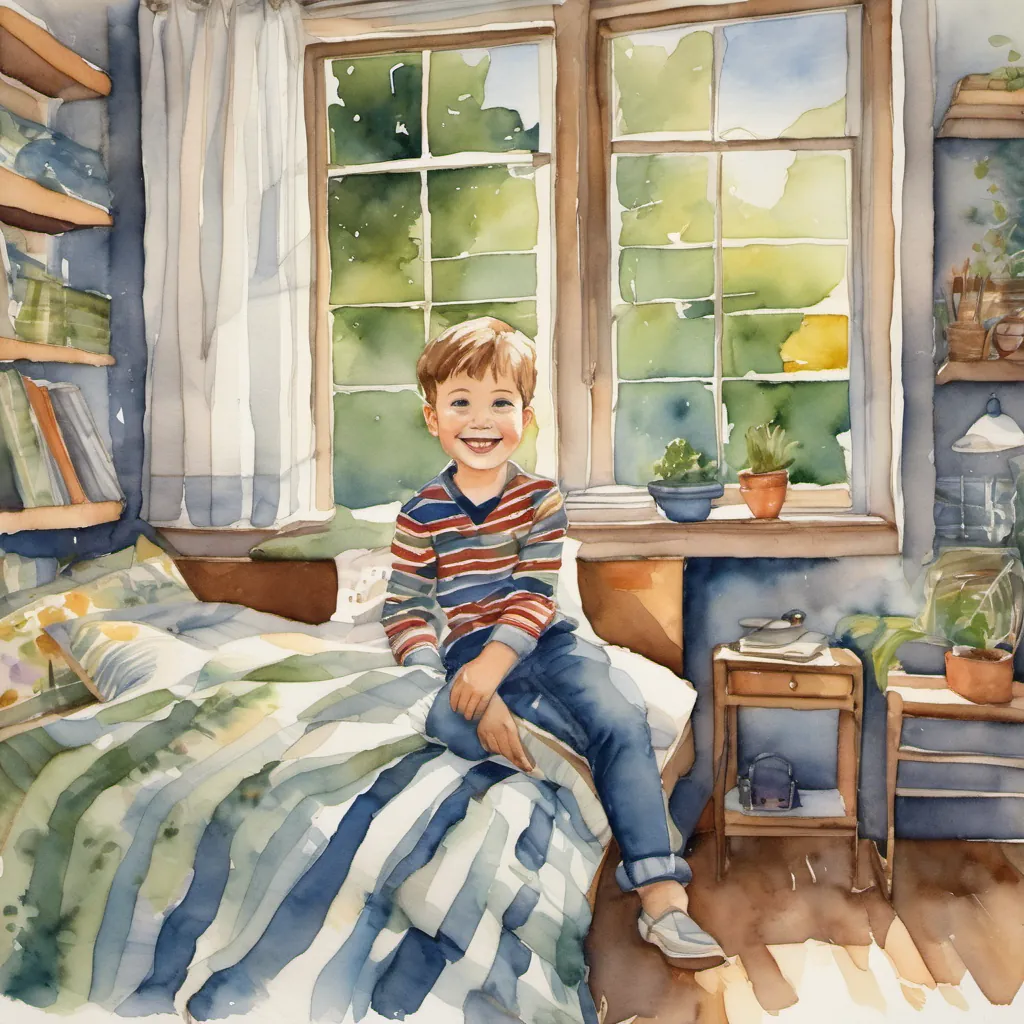A young boy named Tommy with a big smile, wearing a striped shirt and jeans waking up with a smile in his cozy room, the window showing the inviting forest outside.