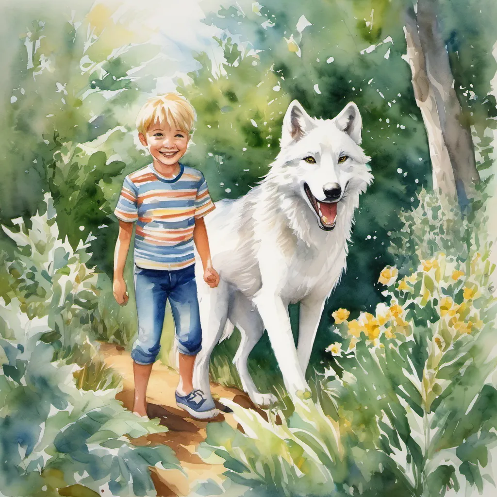 A friendly white wolf with sparkling eyes and a playful demeanor the white wolf popping out of the bushes with a cheerful expression and A young boy named Tommy with a big smile, wearing a striped shirt and jeans smiling at her.