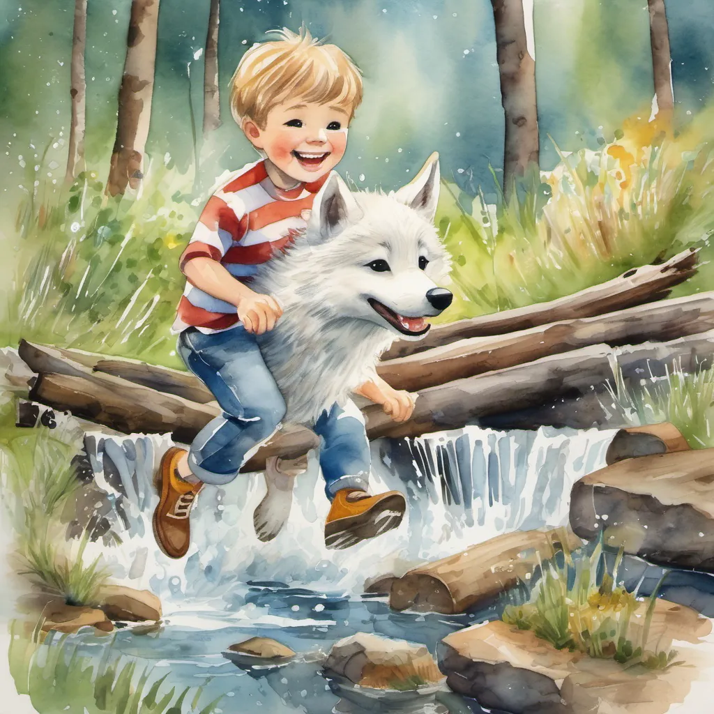 A young boy named Tommy with a big smile, wearing a striped shirt and jeans and A friendly white wolf with sparkling eyes and a playful demeanor playing in a meadow, jumping over logs and splashing in streams with joyful expressions.