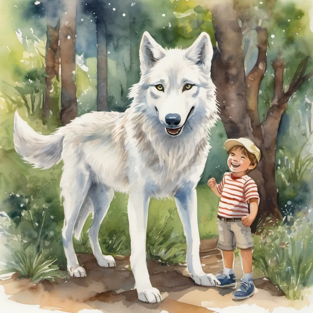A friendly white wolf with sparkling eyes and a playful demeanor and A young boy named Tommy with a big smile, wearing a striped shirt and jeans deciding to visit the Wacky Wolf Council with an expression of excitement and curiosity.