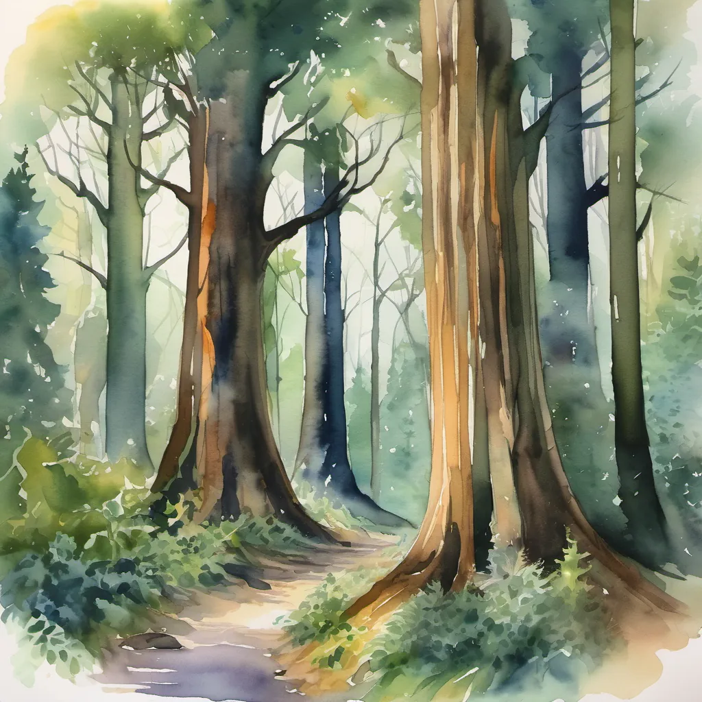 A magical, dense forest with tall, ancient trees that appear to be whispering secrets.