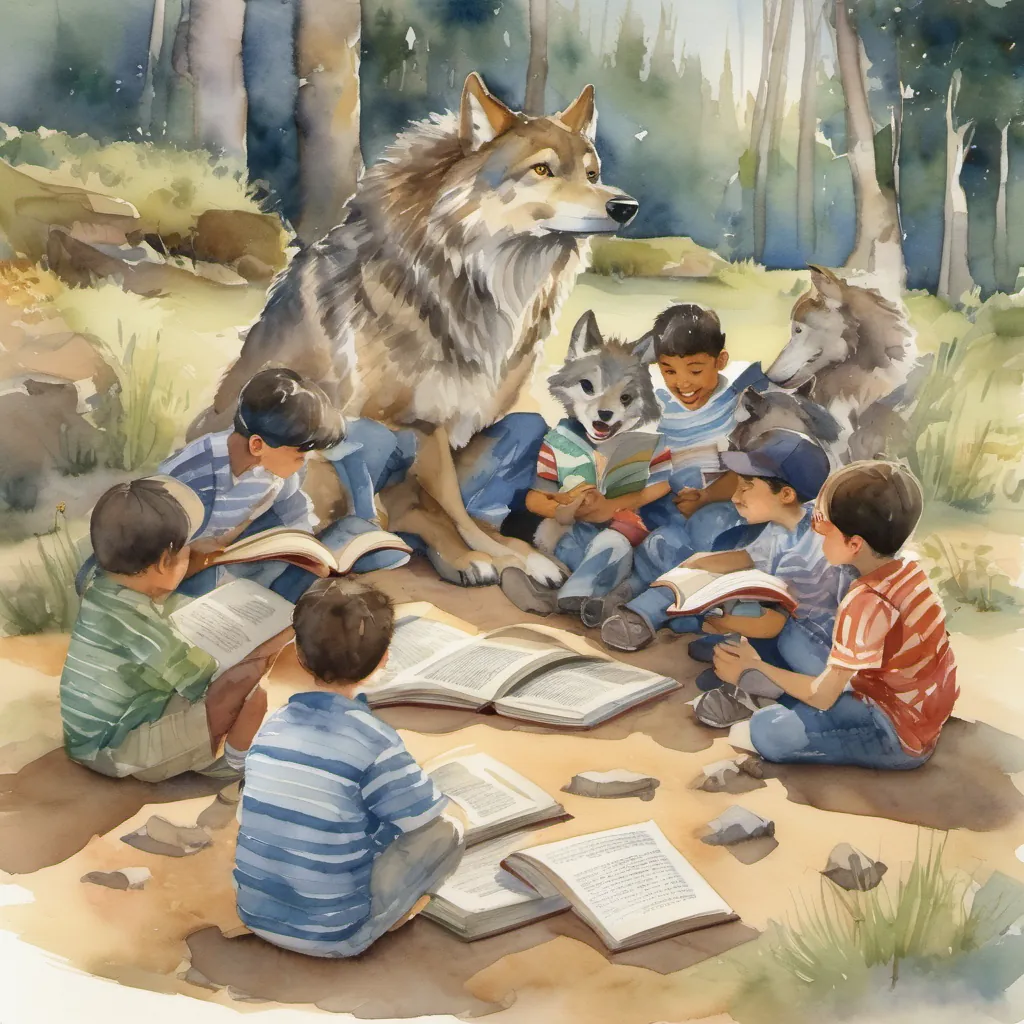 A group of wise-looking wolves gathered in a circle, reading from ancient books and greeting A young boy named Tommy with a big smile, wearing a striped shirt and jeans.