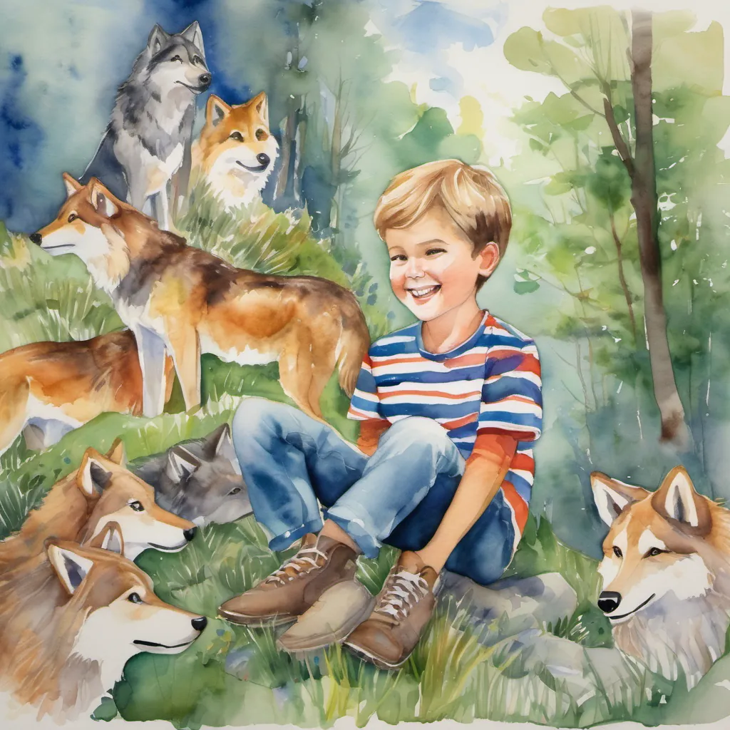 A young boy named Tommy with a big smile, wearing a striped shirt and jeans sitting and listening to the wolves' stories, with imaginative, colorful scenes appearing around him.