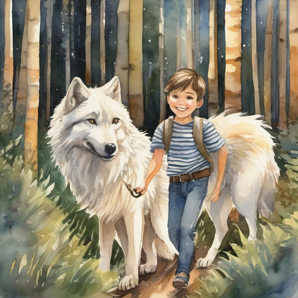 The sun setting over the forest as A young boy named Tommy with a big smile, wearing a striped shirt and jeans and A friendly white wolf with sparkling eyes and a playful demeanor prepare to leave, the wolves of the council howling goodbye.