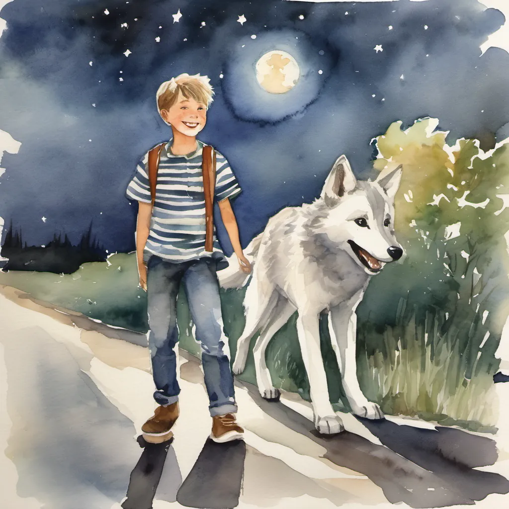 A young boy named Tommy with a big smile, wearing a striped shirt and jeans and A friendly white wolf with sparkling eyes and a playful demeanor walking under the moonlit sky, showing a sign of their friendship.