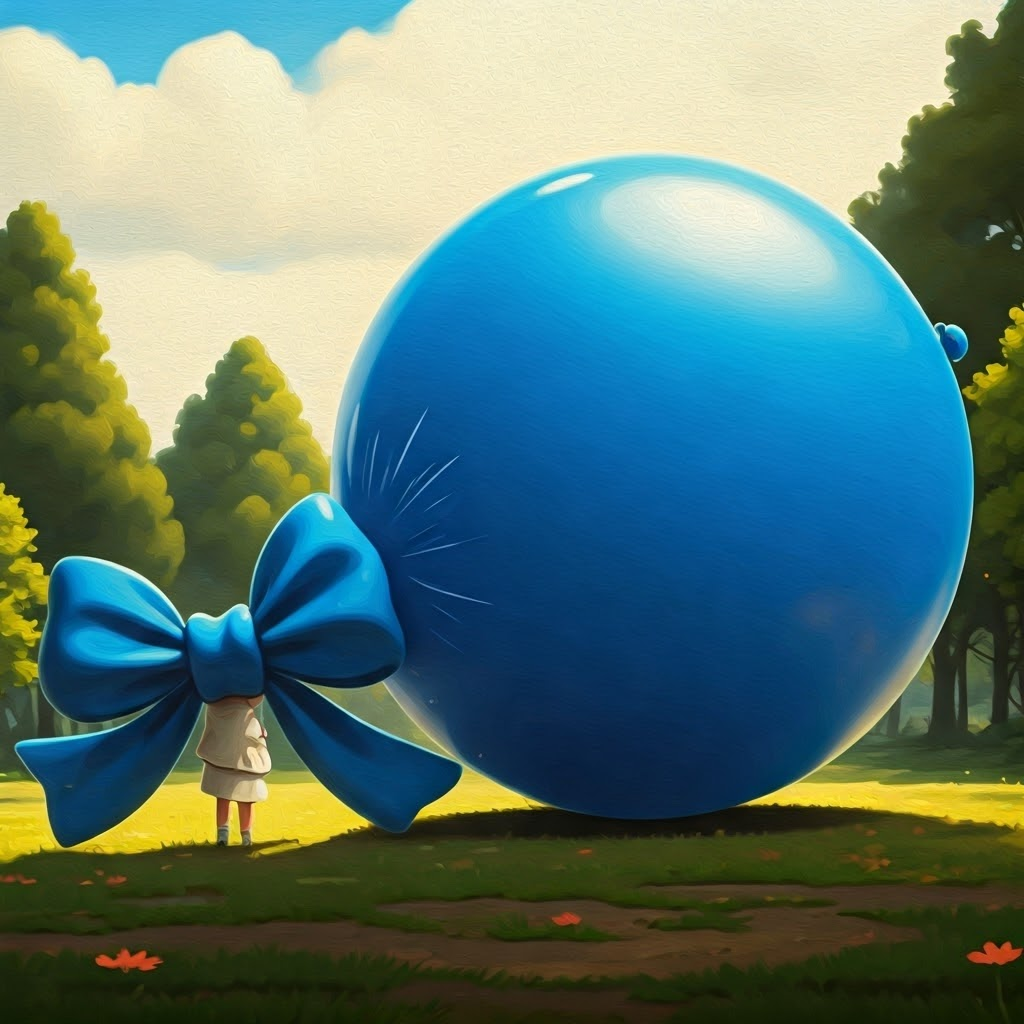 A big, blue balloon bumping a big, blue bow