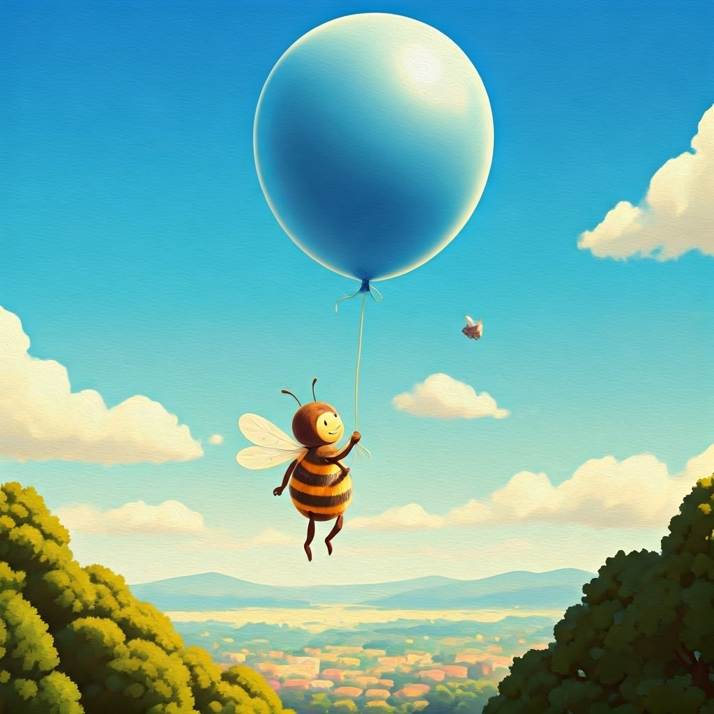A happy cartoon bee floating down from the sky holding a big, blue balloon