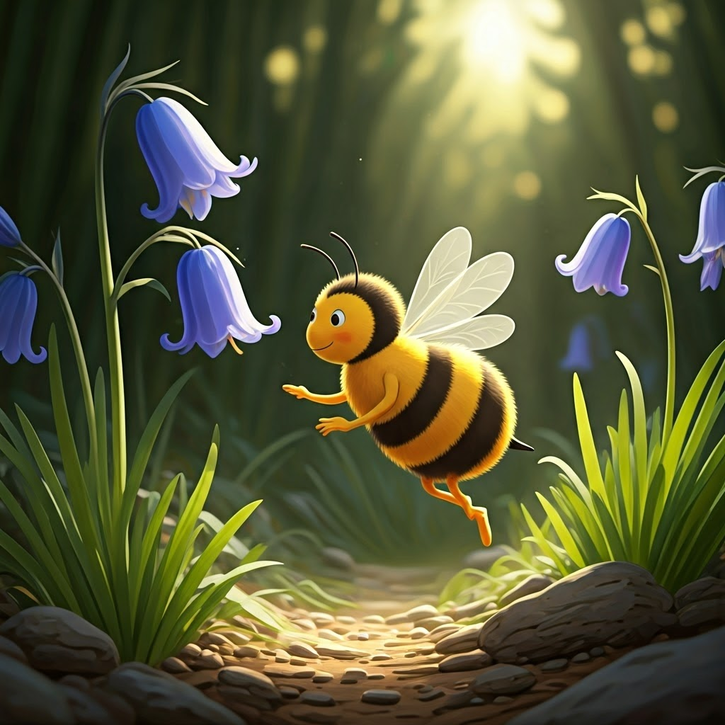 A happy cartoon bee buzzing by a bright bluebell flower